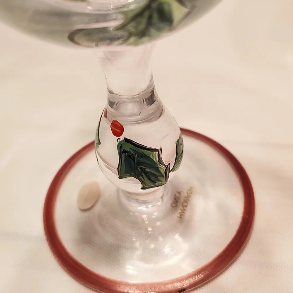 Poinsettia Christmas Wine Glasses. Vivid Red And Green Accents. Set Of 2.